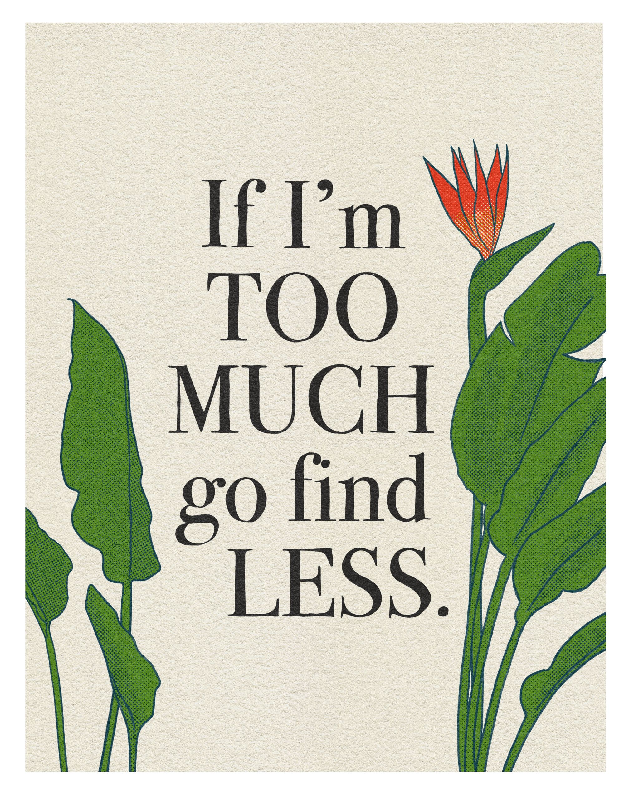 An image that reads "If I'm too much go find less." surrounded by Bird of Paradise leaves with one bright red flower